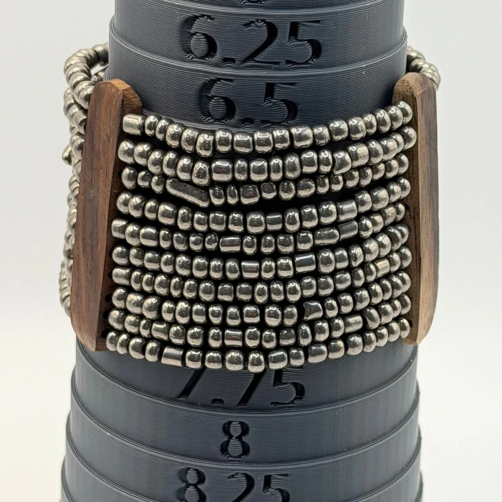 Silver Tone Multi Strand Beaded Wood Stretch Bracelet Boho Artisan Festival